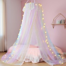 Pastel Bed Canopy with Lights for Girls  Double Layer Mesh Netting Princess'...