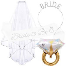 4PCS Bride Veil Headband and Rhinestone Bride to Be Sash Bachelorette Party R...