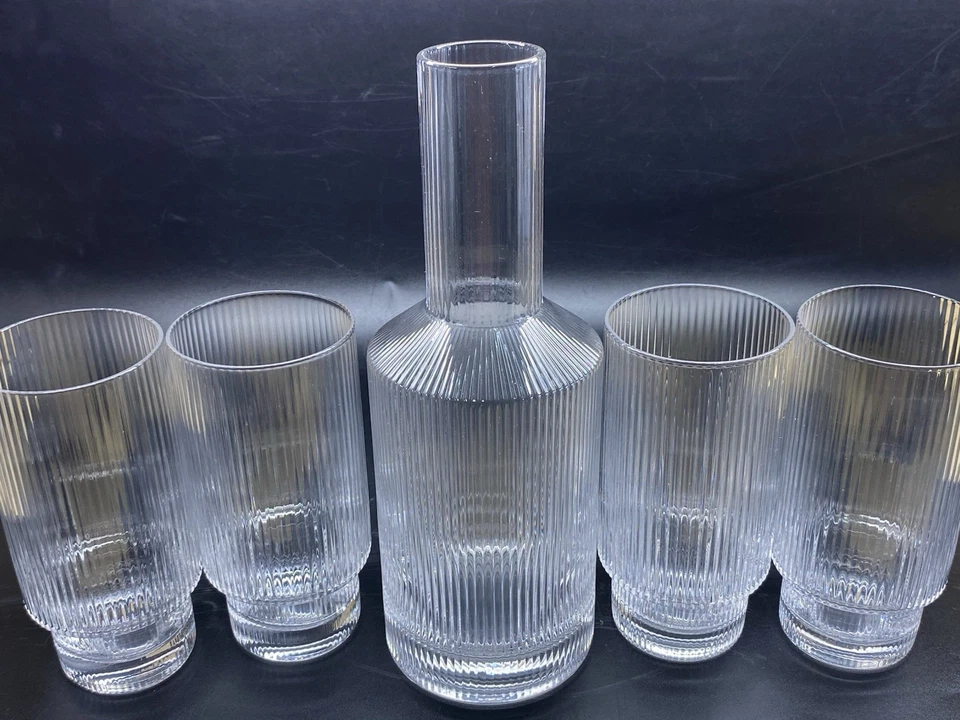 Highball Drinking Set Glasses Vintage Art Deco Ribbed Crystal Decanter Wine Bar - Image 3 of 4