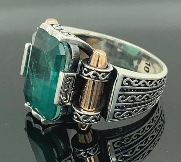 Мужское кольцо из чистого серебра с зеленым турмалином — турецкая бижутерия ручной работы - Изображение 4 из 4