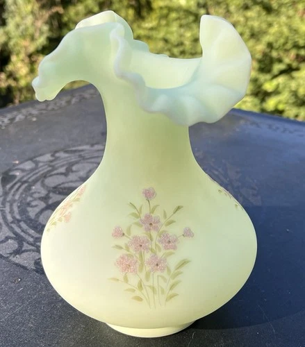 Vtg Fenton Custard Burmese Glass Vase - Coralene Flowers  - Uranium Glow- Signed