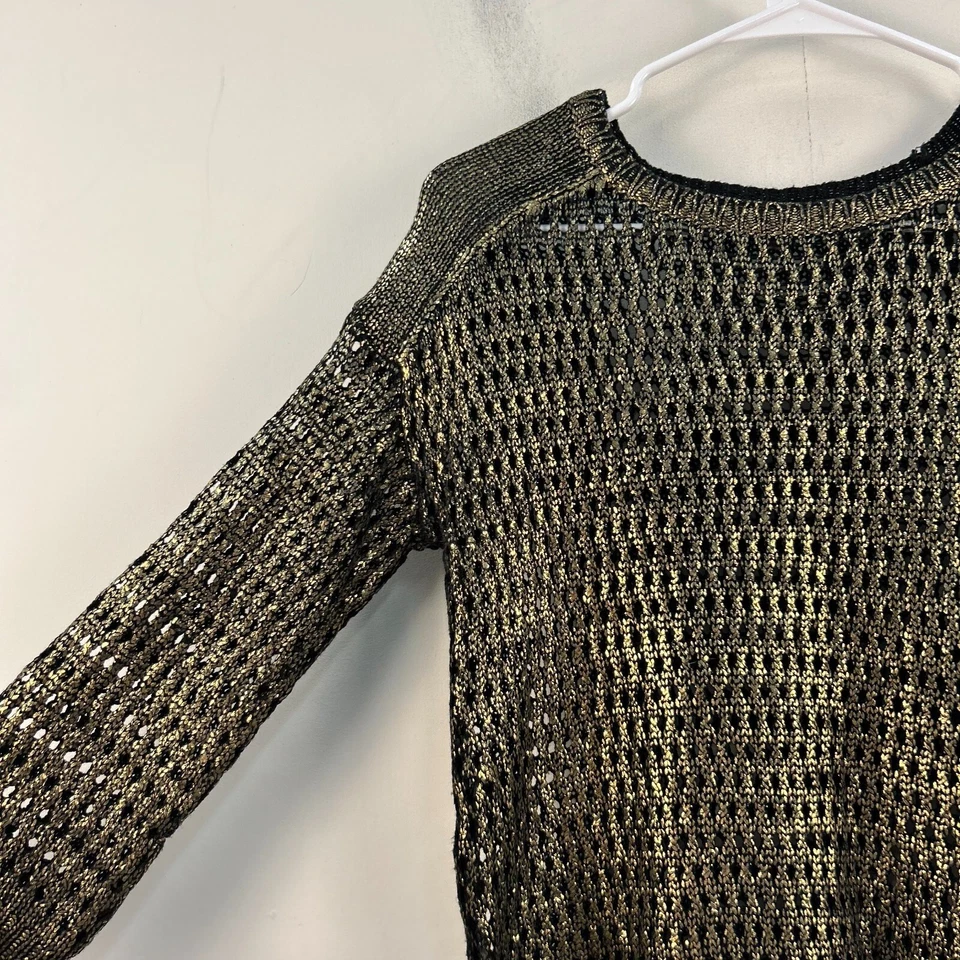 Suéter pequeño para mujer Ellen Tracy negro dorado metálico tejido abierto 3/4 Slv 20804 Foto 3 de 4