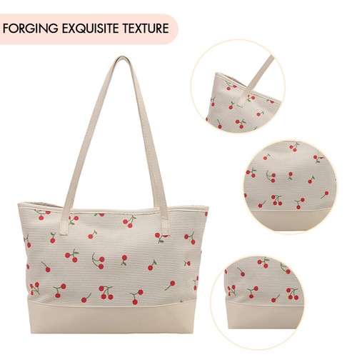 Cherry Print Tote Bag Large Capacity Floral Hangbag PU Leather Purse for Women - Picture 21 of 21