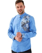 Ukrainian Embroidered blue Shirt Tradition Vishivanka men L 44-46