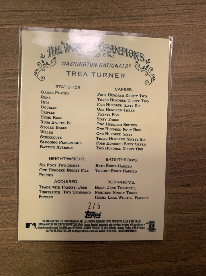 Trea Turner /5 Red Refractor 2020 Topps Allen & Ginter Chrome Nationals - Image 2 of 4