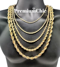 Rope Chain Necklace 3mm to 10mm 16" to 30" 14K Gold Plated Mens Hip Hop Jewelry