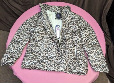 Women's Animal Leopard Print Fleece Lined Puffer Ski Jacket Zip closure Tan