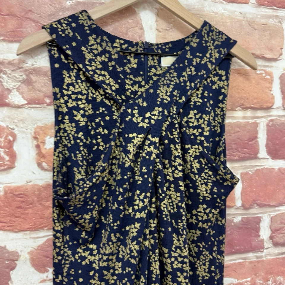 Vestido Michael Kors Mujer XL Azul Dorado Metálico Ditsy Floral Elástico Cremallera Foto 3 de 4