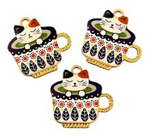 10 Colorful Enamel Kitty Cat in a Teacup Cup Gold Bead Drop 23mm Charms Pendants
