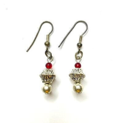 Beaded Filigree Silver and Red Stone Dangle Earrings