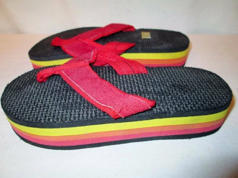 NOS Vintage RAINBOW Flip Flops Three Color Pink Orange Yellow Child Sandals  2