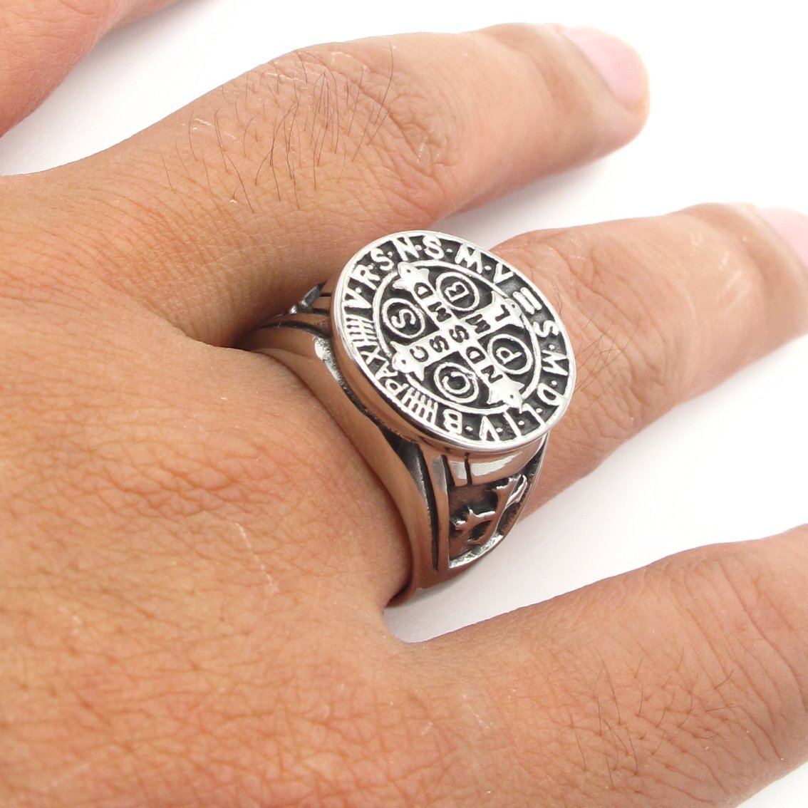 Men’s Catholic Saint Benedict Cross Ring – Stainless Steel, Exorcism Medal Design, Band Style