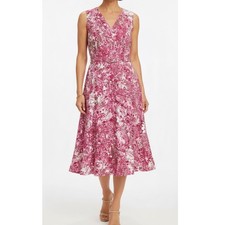 Talbots Pink Floral 100% Linen Cotton Lined Belted Sleeveless Dress 14 Fit Flare