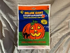 Vintage Sun Hill Halloween Deluxe Giant Stuff-A-Pumpkin Leaf Bag w/ Printed Cat