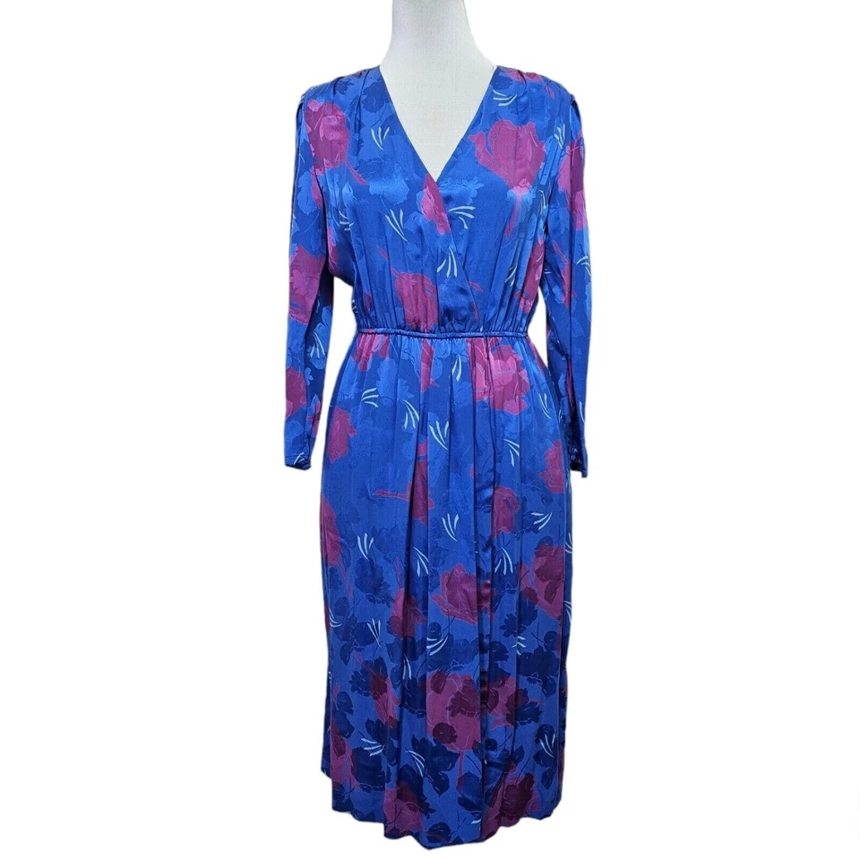 Винтажный Nordstrom точка зрения шелк цветочный миди платье синий фиолетовый 12 Корея - Изображение 2 из 4