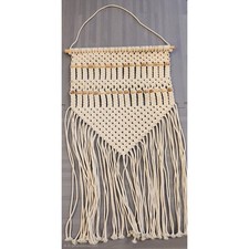 Boho Macrame Wall Hanging Cream Cotton Fringe Wooden Bead Textile Art 18x31