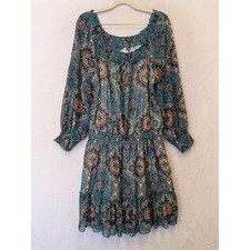 Xhilaration Teal Paisley Boho Peasant Dress XXL Long Sleeve Smocked Lined