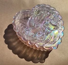 FENTON Pink Iridescent Carnival Glass Hummingbird Heart-Shaped Trinket Box