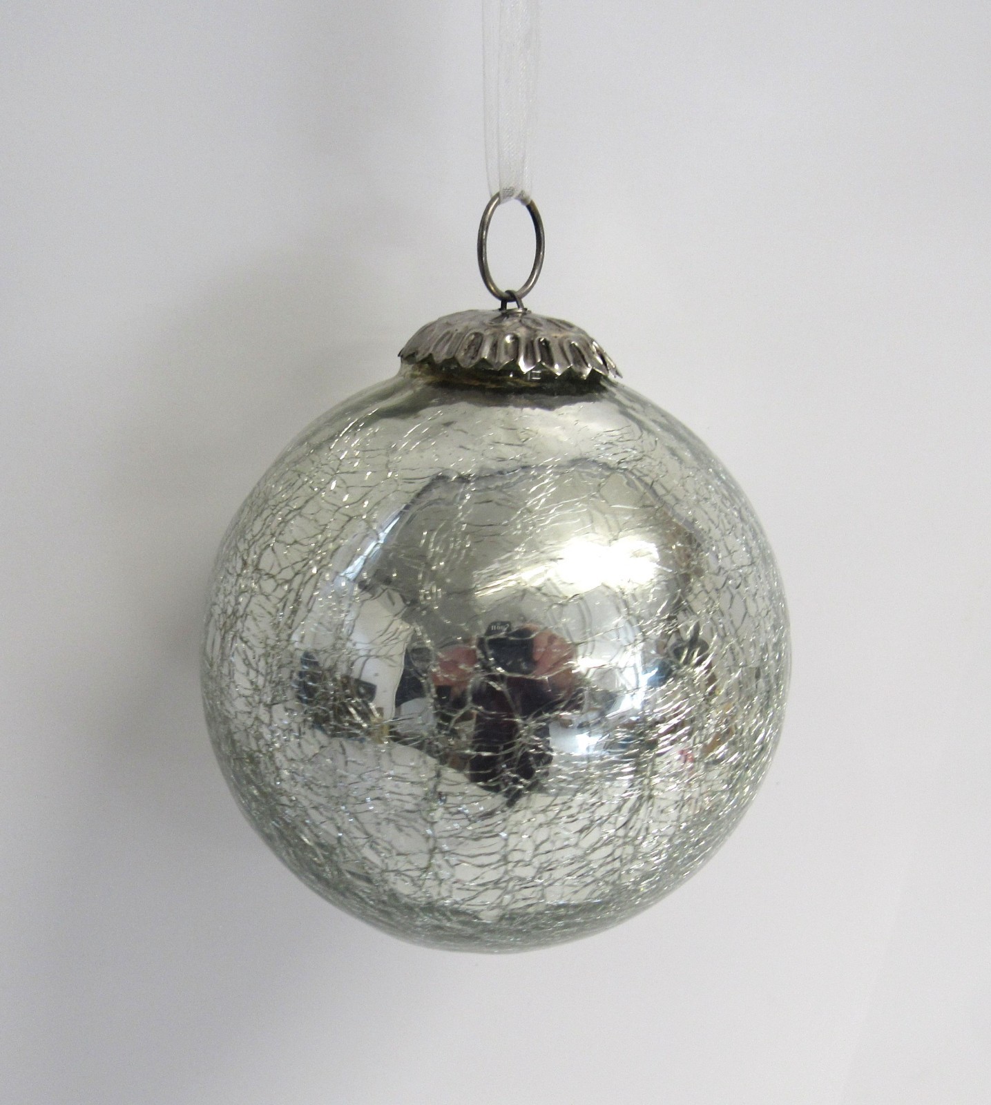 Vintage Kugel Style Silver Mercury Crackle Glass Christmas Ornament - EUC