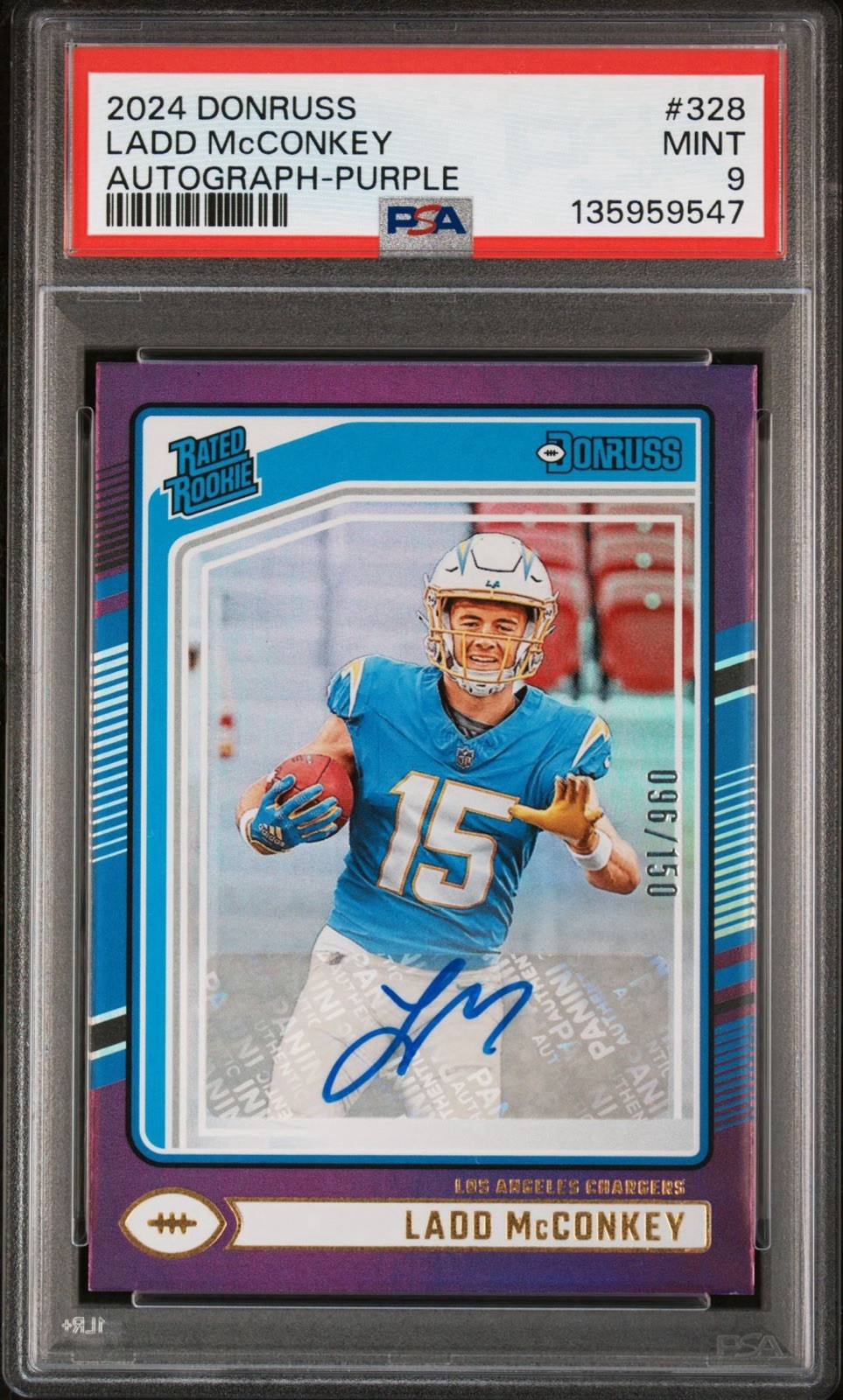 2024 Donruss Rated Rookie Autographs Ladd McConkey #328 Purple /150 PSA 9