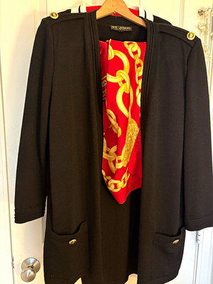 St. John Basics Women s L Black Long Open Front Jacket Long Sleeve with skirt.