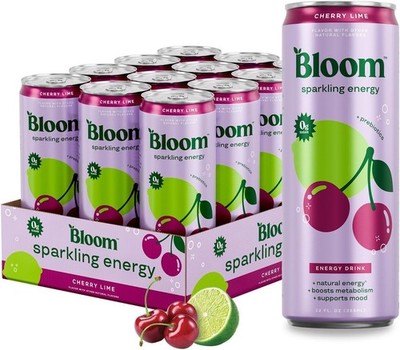 Bloom Nutrition Sparkling Energy Drink Zero Sugar Cherry Lime 12oz Prebiotics