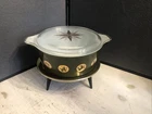 RARE Vintage Pyrex Green Zodiac Casserole Dish w Lid & Stand MCM Atomic Gold