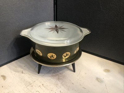 RARE Vintage Pyrex Green Zodiac Casserole Dish w Lid & Stand MCM Atomic Gold