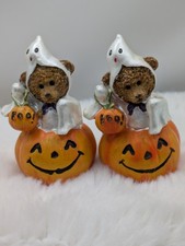 Vintage Halloween Teddy Bear Ghost Figurines With Jack O Lantern Pumpkins Set Of