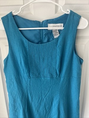 Sag Harbor Tank Midi Dress Sz 10p Blue Linen  Tropical Vacation Resort Beach VTG