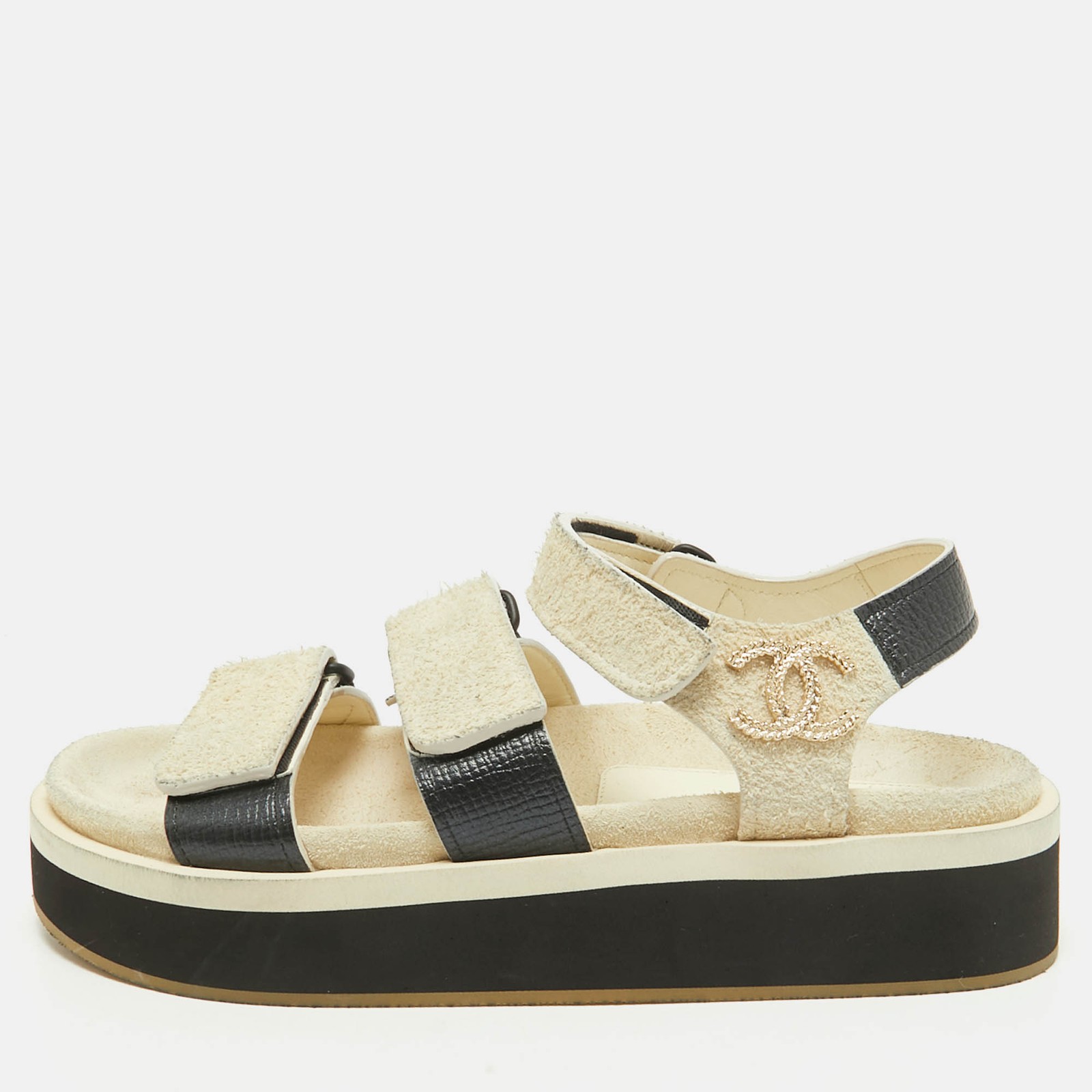 Chanel Black/Off White Leather and Suede Dad Flat Sandals Size 36