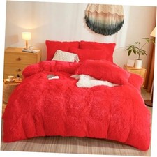 Faux Fur Fluffy Comforter Cover Set Plush Faux Fur Bedding 3-Piece Queen Red