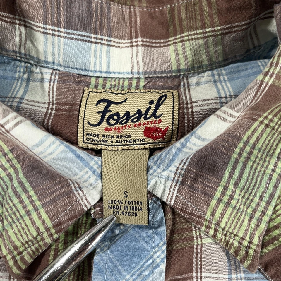 Fossil Western Shirt Mens Small S Brown Green Blue Plaid Pearl Snap Long Sleeve - Image 4 of 4