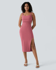 Halara SoftlyZero Airy Midi Dress Large Ruched Lace Up Bodycon Casual Tie Back