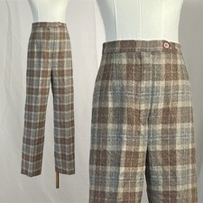 Vintage Plaid Wool Pants 1970s Women  s Size 10 Beige Tan High Waist Lined Large