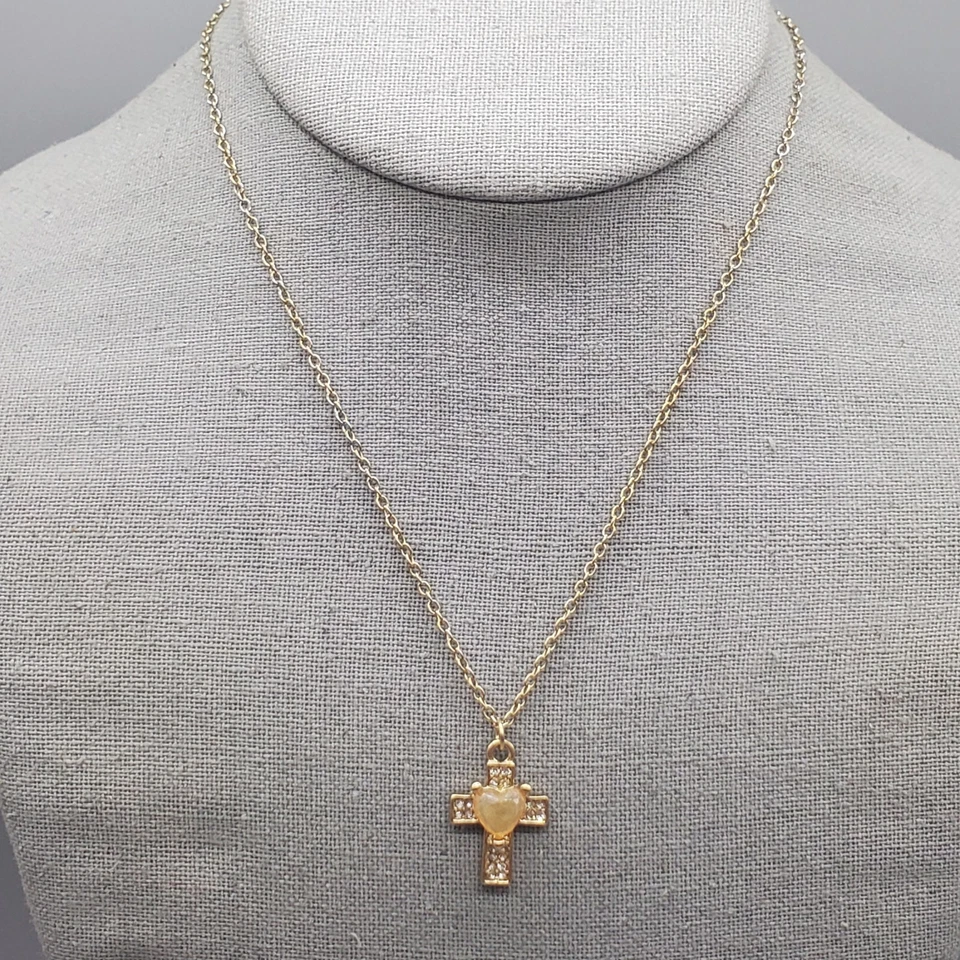 Collar Colgante Cruz Niñas Tono Dorado Acrílico Corazón Estrás Acentos 19" Foto 2 de 4