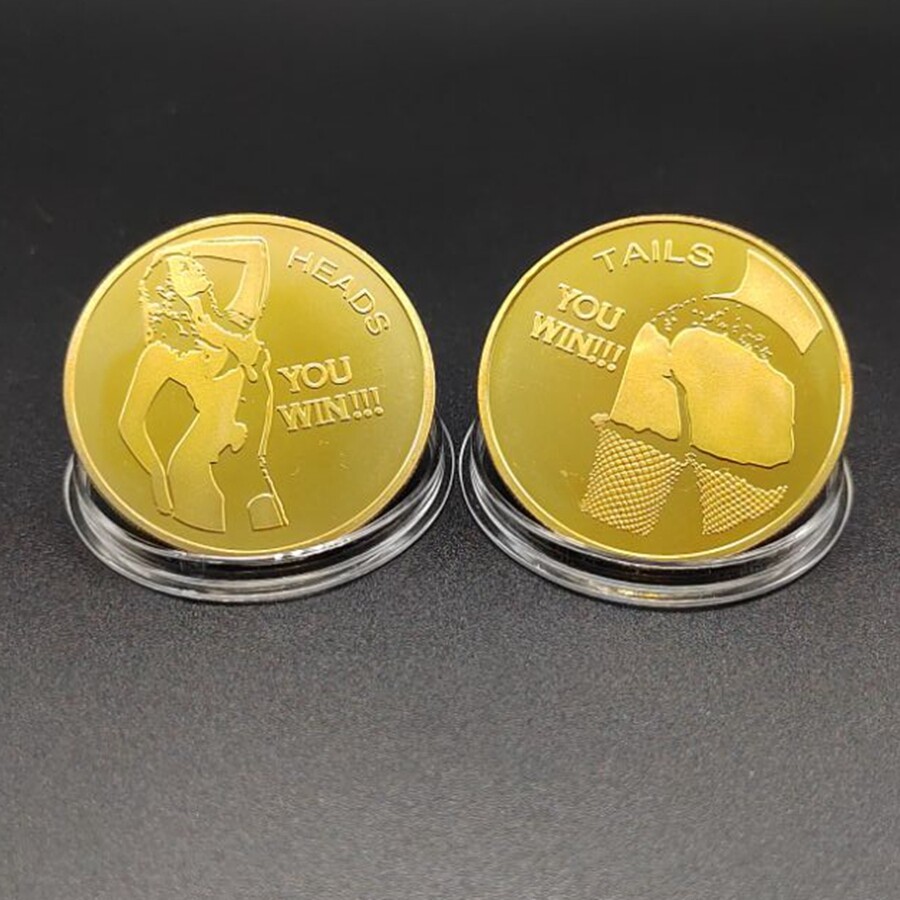 6PCS Good Luck Heads Tails Gold Token Challenge Coins Sexy Girl Gift