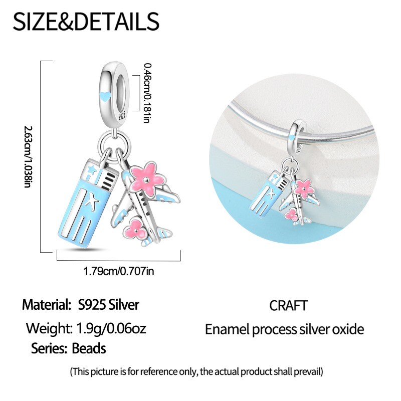 KUNSIR 925 Sterling Silver Airplane Passport Pendant Charm For Women Bracelet 