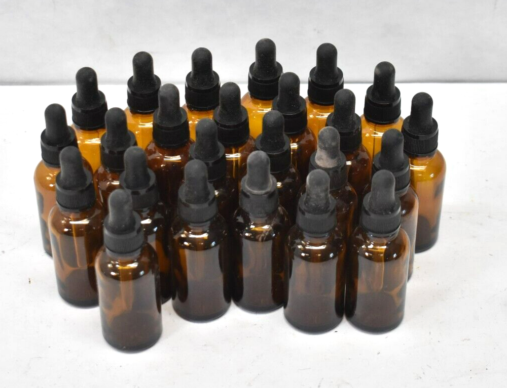 Lot of 24 Empty Glass Dropper Bottles 30ml 1oz Amber UV Protection w Lid/Cap