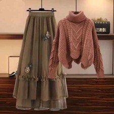 Women's Autumn Set Senior Knitted Sweater Mesh Half Skirt Two Piece Set