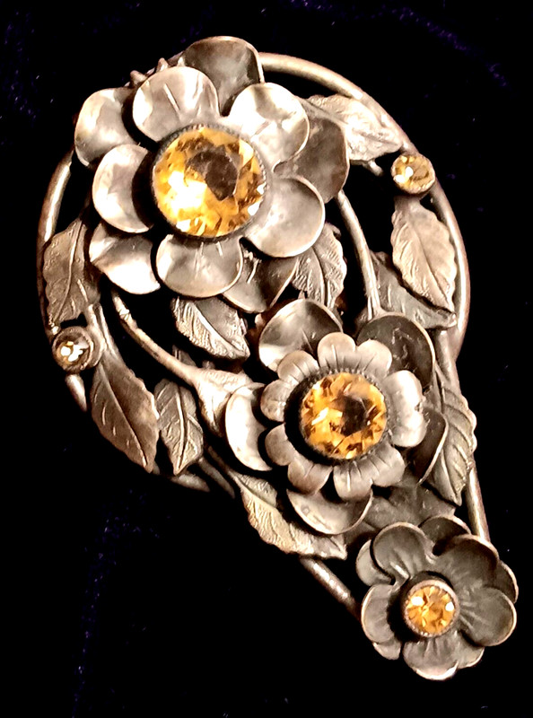 Antique Victorian Art Nouveau Coat Dress Fur Clip Citrine Glass Gold Faded Brass