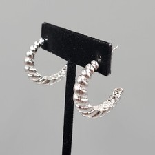 Silver Plated Hoops Pierced Earrings Ribbed Design 1"