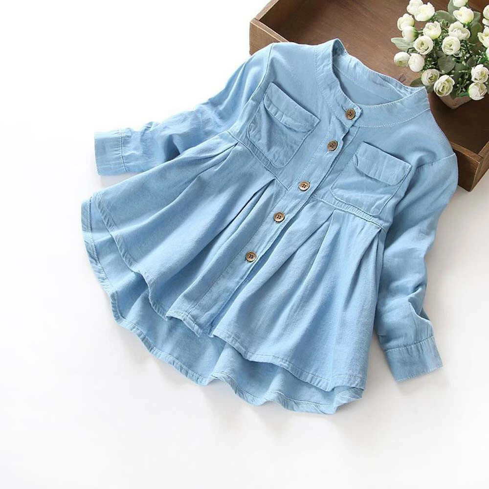 Toddler Kid Baby Girls Denim Ruched Long Sleeve Denim T Shirt Tops