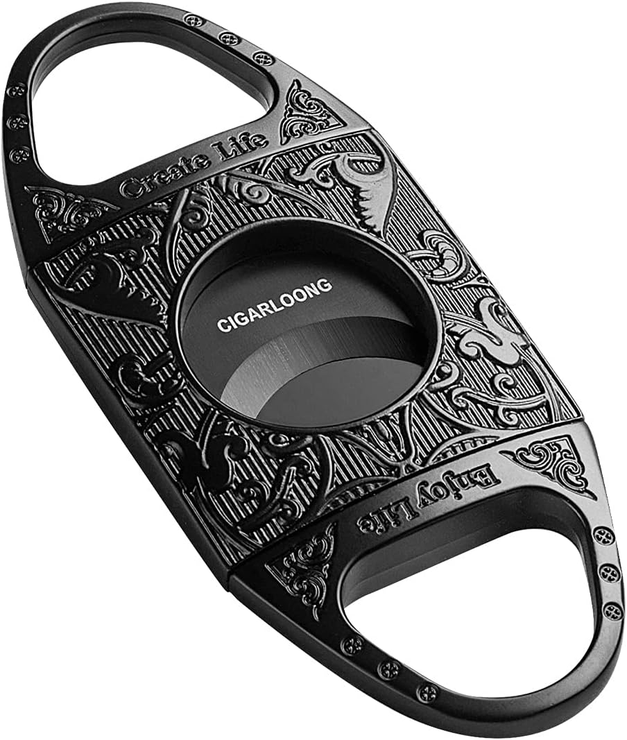 Cigar Cutter Black Engraved Stainless Steel Double Blades Cigar Guillotine