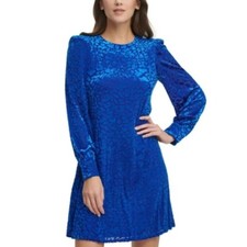CALVIN KLEIN Womens Blue Animal Print Long Sleeve Shift Dress
