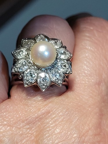 Anello antico francese oro perla diamanti french daisy gold ring pearl diamonds - Foto 3 di 12
