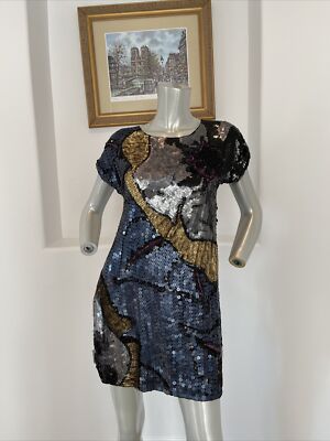 French Connection Navy Blue Grey & Gold Sequin Shift Dress Size 2 | eBay