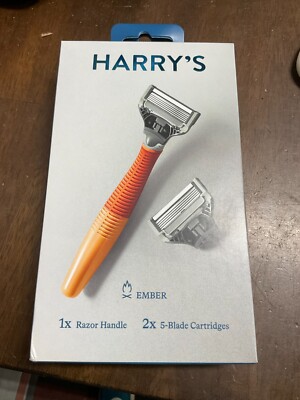 HARRY'S MEN'S RAZOR 1 EMBER ORANGE RAZOR HANDLE + 2- 5 BLADE RAZOR BLADES NEW