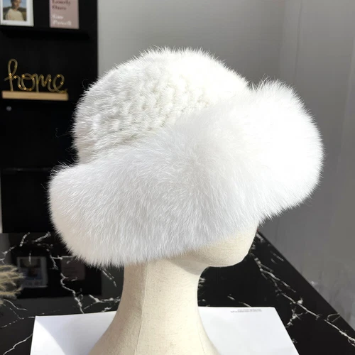 Cappello donna vera pelliccia di visone secchiello berretto caldo lavorato a maglia invernale con orlo pelliccia di volpe - Foto 12 di 31