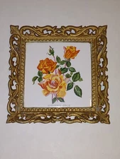 Ceramic Tile Wall Trivet Cast Iron Frame Floral Sutters Gold Vtg Made In Japan